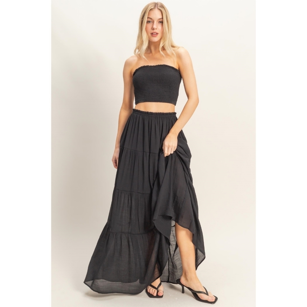 HYFVE Black Smocked Crop Top & Tiered Rayon Blend Maxi Skirt 2-Piece Set